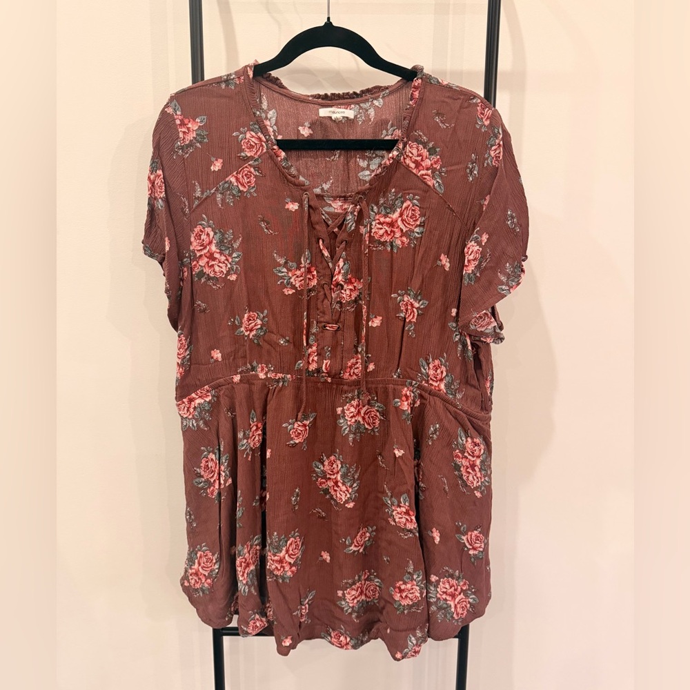 Maurices Rust Floral Lace-Up Blouse